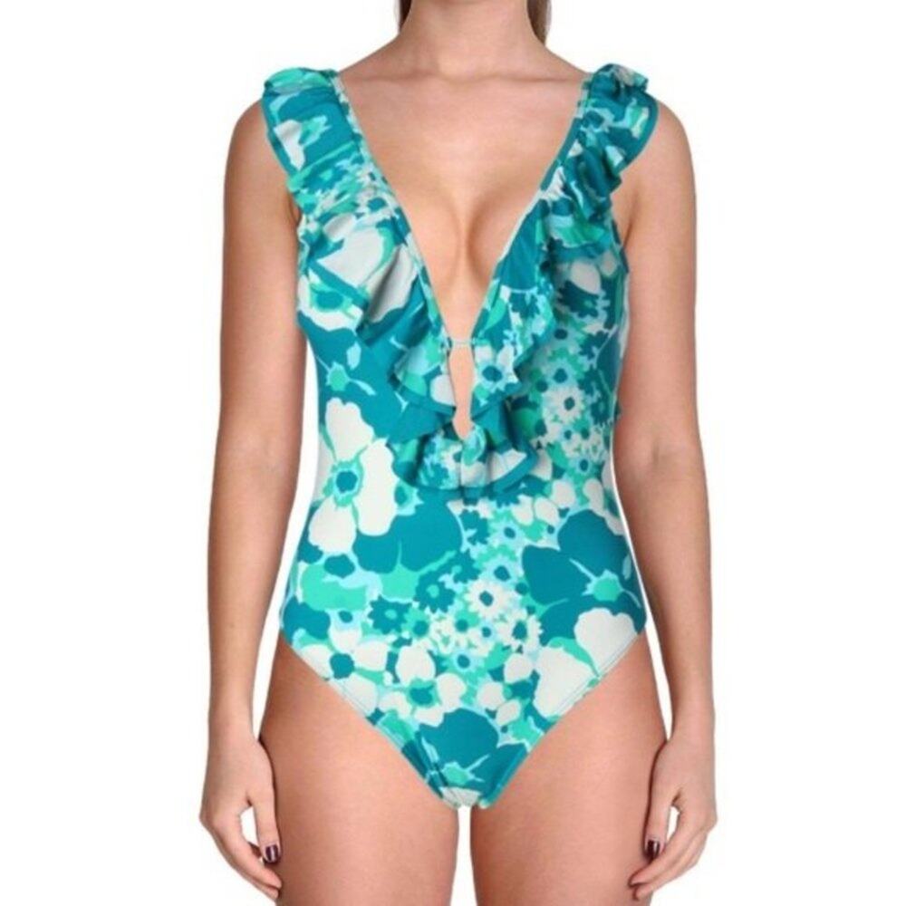 Michael Kors Floral 1 Piece Swimsuit White Blue Size 4